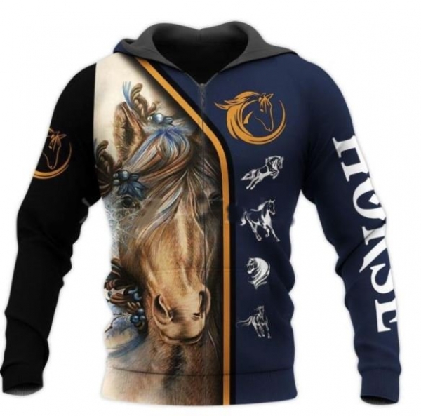 3 D Print Allover Sweat Jacket Hoodie Blue Pony